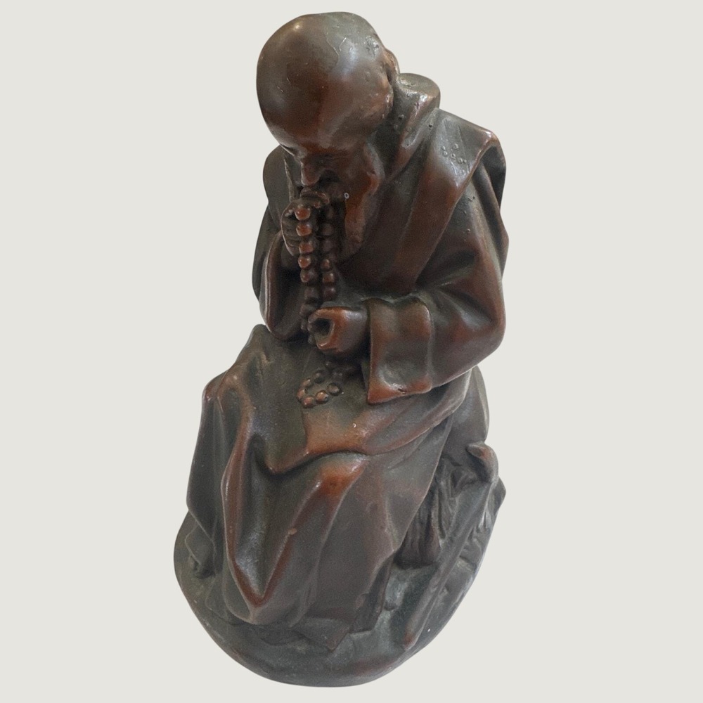 Vintage Pascal Praying Monk Figurine Bronze Tone Friar with Rosary Statue 7.5in